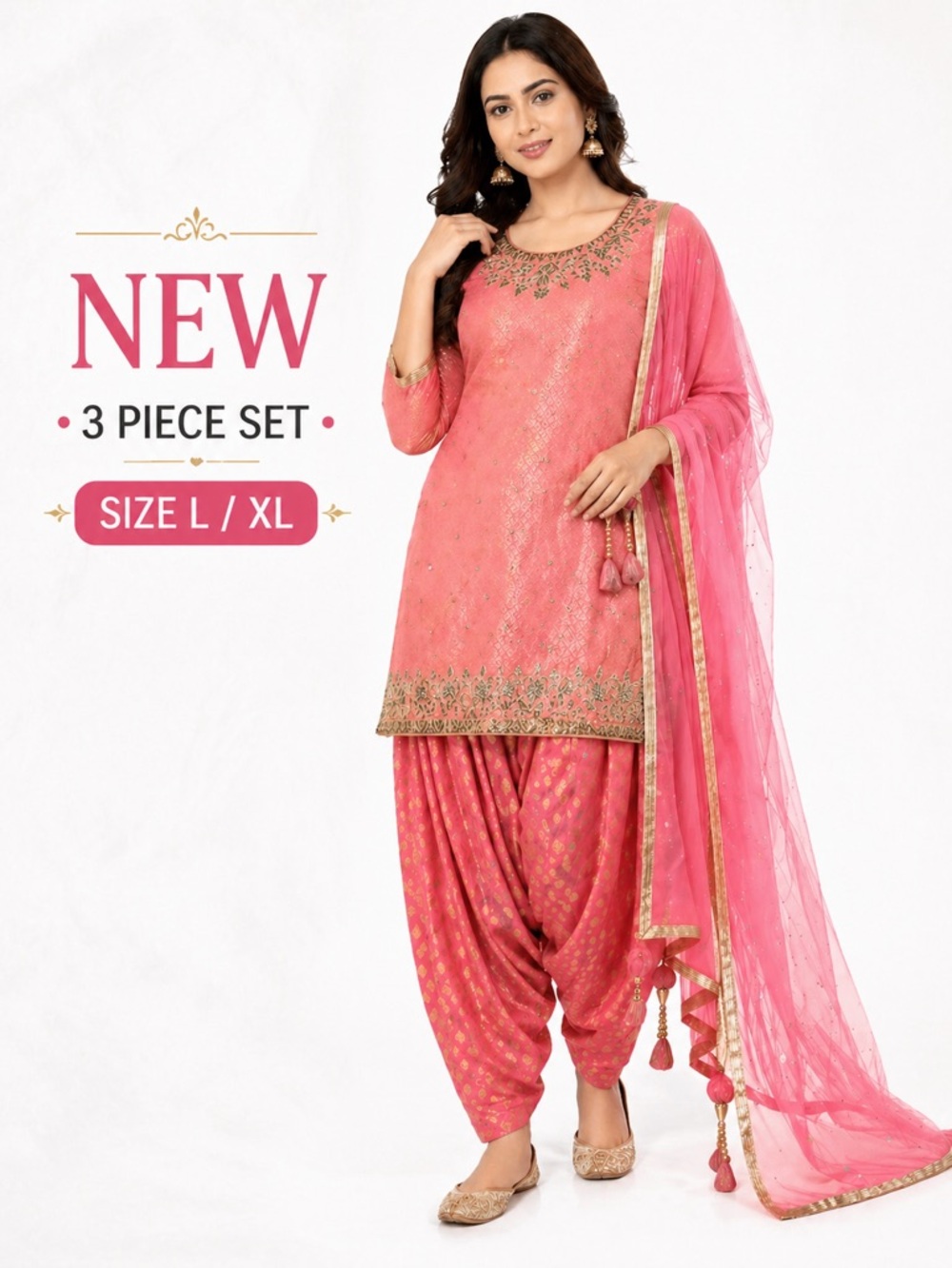 New 3 Pc Pink & Gold Embellished Salwar Kameez Set Dupatta Festive L/XL